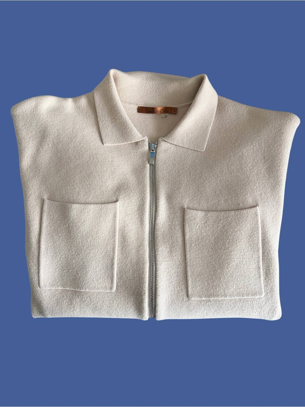 Women's Beige Zip-Front Sweater with Patch Pockets L